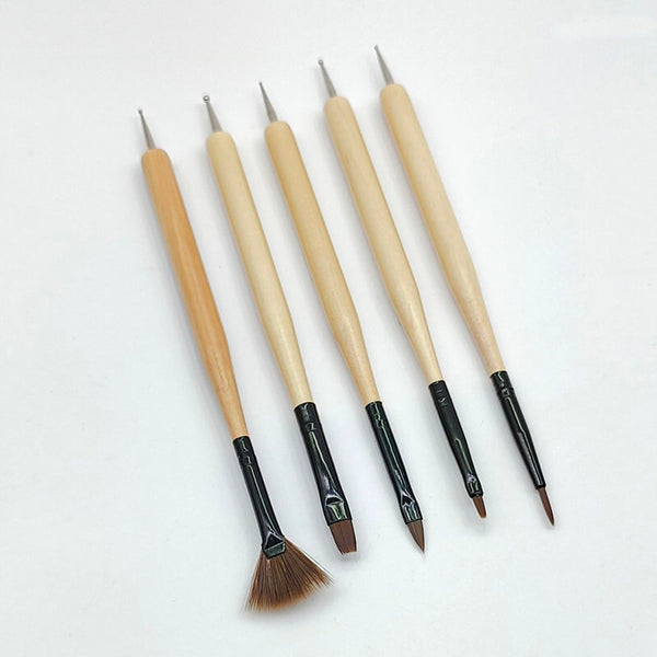 5 Piece Wooden Embossing Double Ended Dotting Tool and Brush used for Ceramic, Clay, Pottery, Nail Art, etc
